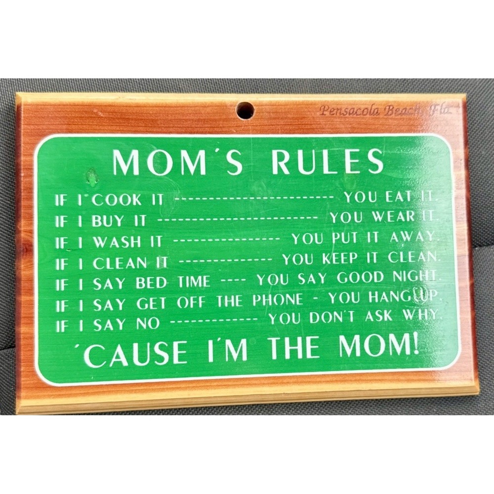 Vintage Moms Rules Cedar Wood Plaque Pensacola Beach Florida Souvenir Sign 7x5